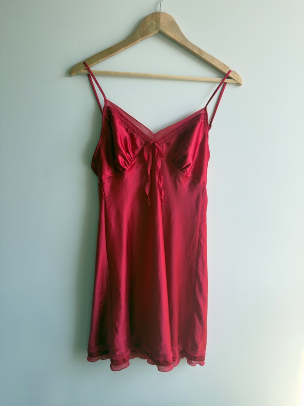 Y2K 2008 Victoria’s Secret Red Satin Lace-Trim Slip Dress